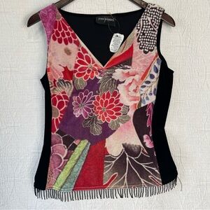 Vintage John Roberts Top Womens Size 8 Velour Beaded Artsy Floral Tank New USA